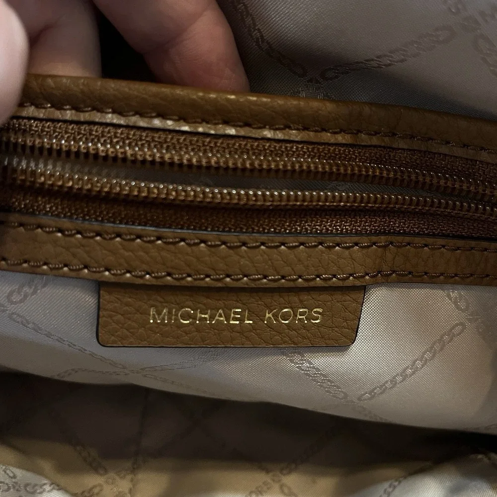 Michael Kors Pebbled LEATHER Rhea Zip Slim Backpack Purse Camel Gold Hardware